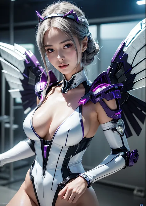 highest quality、masterpiece、超A high resolution、(Photoreal:1.4)、RAW photo、battle cyborg angel、large metal wings、white porcelain body、Acrylic clear cover、gray hair、glowing skin、1 cyborg girl、((Ultra realistic details))、Portrait、global illumination、Shadow、oct...