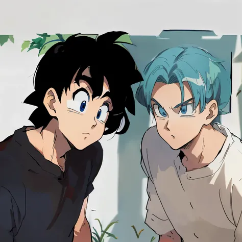 garoto de anime com cabelo azul e camisa preta sentado ao lado de outro garoto, fanart de alta qualidade, dragon ball style, Estilo de arte de anime dos anos 90, Estilo de arte de Dragon Ball, color manga scan, in the art style of 80s anime, arte detalhada...