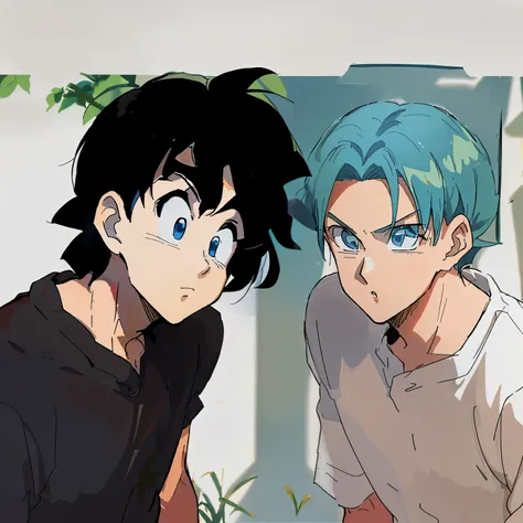 garoto de anime com cabelo azul e camisa preta sentado ao lado de outro garoto, fanart de alta qualidade, dragon ball style, Estilo de arte de anime dos anos 90, Estilo de arte de Dragon Ball, color manga scan, in the art style of 80s anime, arte detalhada...
