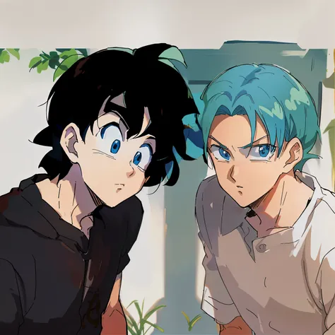 garoto de anime com cabelo azul e camisa preta sentado ao lado de outro garoto, fanart de alta qualidade, dragon ball style, Estilo de arte de anime dos anos 90, Estilo de arte de Dragon Ball, color manga scan, in the art style of 80s anime, arte detalhada...
