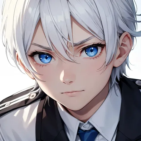 Boy, soft white hair, blue eyes, serious sharp features, white skin, young man, school uniform