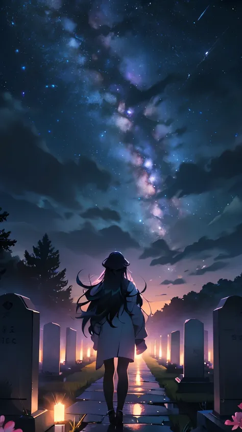 At the top of the screen（landscape，unmanned，night sky，starry sky，exploding rocket，green，purple，wide angle，lively）At the bottom of the screen（long hair woman，back view，Grave marker，rain pattern，petal）,masterpiece