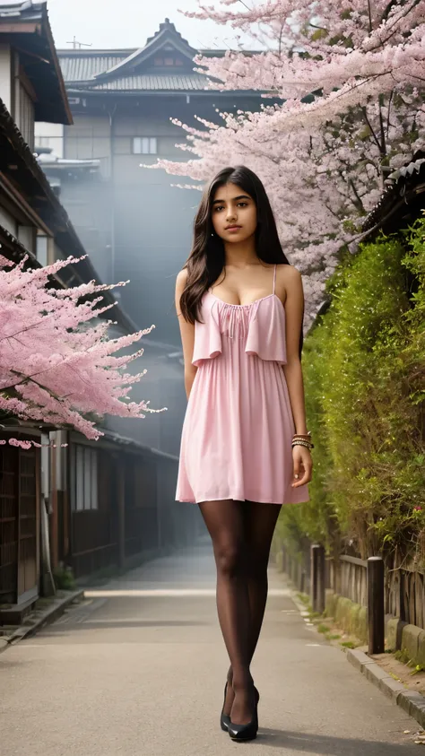 Beautiful 13 year old Indian teenager, long hair, dress, falling straps, small cleavage, pantyhose, high heels, Japanese rural street, cherry blossoms, fog, sexy pose, Silent Hill world