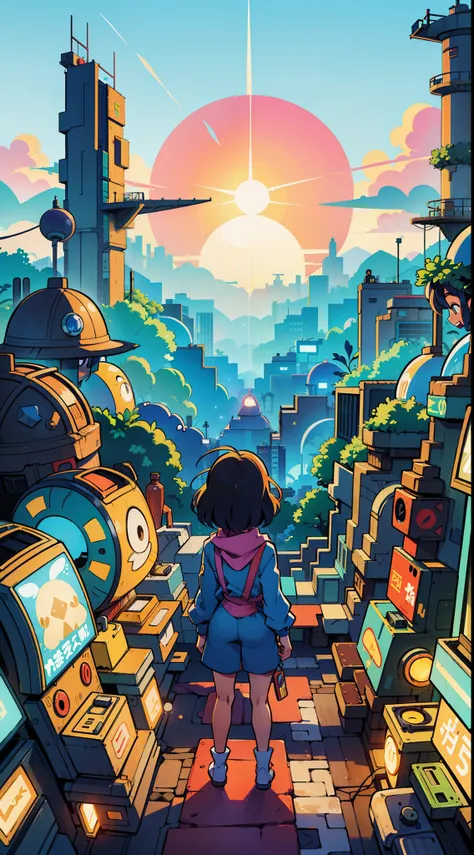 solarpunk city, futuristic, sunset, landscape, satoshi kon artstyle, by satoshi kon, by josan gonzalez, style of satoshi kon, inspired by satoshi kon, by naka bokunen, by asaf hanuka, by tanaka isson, by kentaro miura, josan gonzales, sachin teng, cliff ch...