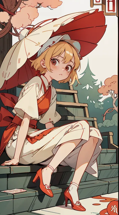 anime girl, sitting on stairs, blonde, white hat, red dress, red high heels, style of takato yamamoto, anime art nouveau, by kentaro miura, korean art nouveau anime, by takato yamamoto, inspired by takato yamamoto, beautiful anime, sachin teng, ((ragged))