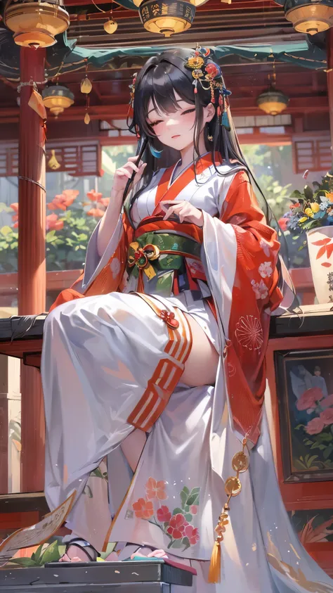 (perfect anatomy, masterpiece:1.2, best quality, 8k, beautiful detailed grow, daydreaming expression), (solo:1.2 blunt:1.1 bangs black hair long hair beautiful divine girl, 14 yo, detailed closed eyes, sexy smile), (in a divine shrine maiden costume), brea...