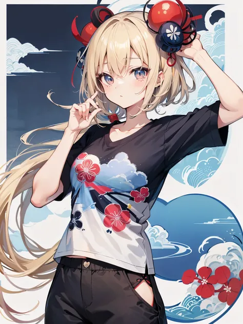 T-Shirt Design im japanischen Stil, Hokusai Welle, Hokusai Stil, mit modernen Anime Elementen, blonde Haare, blaue Augen, pastellfarben, 1girl, cute, kawaii, Sweet, pastell, 