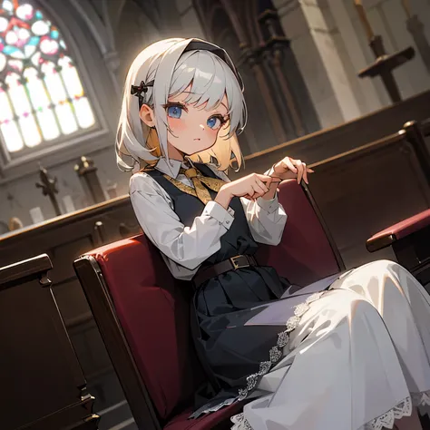 Cute Small girl christian traditional well dressed, belt, lace tie, church, strict, sitting