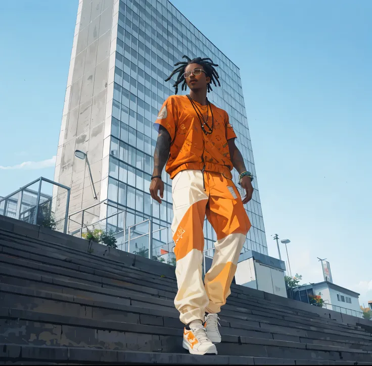 A light skin rapper with rastas wearing glasses is levitating in the air above the streets and stairs. The scene is epic, with a photo-realistic quality, capturing the rappers confident and charismatic presence. The focus is on the rapper, highlighting the...