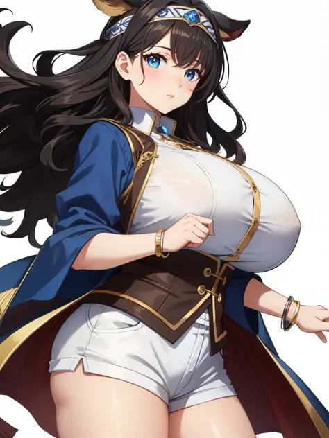 masterpiece, best quality, highres, shiny skin, 1girl, baby face, blue eyes, black hair, wavy hair, medium hair, cow ears, headband, chubby, huge breasts, medieval, fantasy, white buttoned shirt, brown vest, bracelets, black shorts, bewitching thighs, simp...