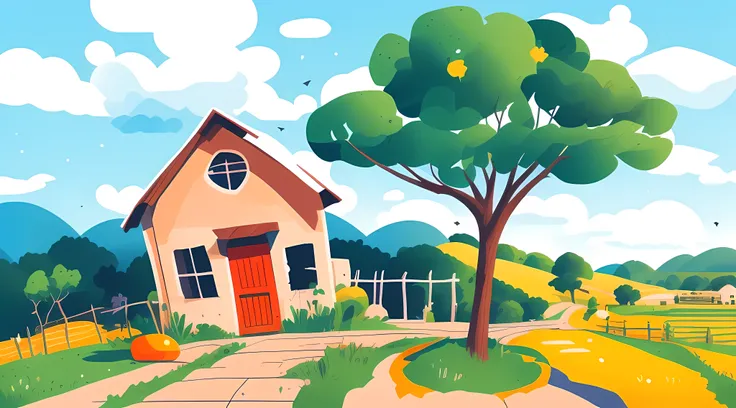 entorno rural, granja, arbol de naranjas, estilo cartoon, fondo de video , balanced and vibrant colors cartoon landscape of a small town with a farm and a road, fondo de arte, paisaje de campo anime, ilustraciones de fondo, fondo de pueblo lejano, arte de ...