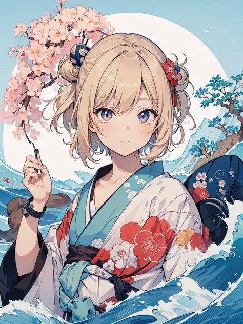 t-shirt design im japanischen stil, hokusai welle, hokusai stil, mit modernen anime elementen, blonde haare, blaue augen, pastel...