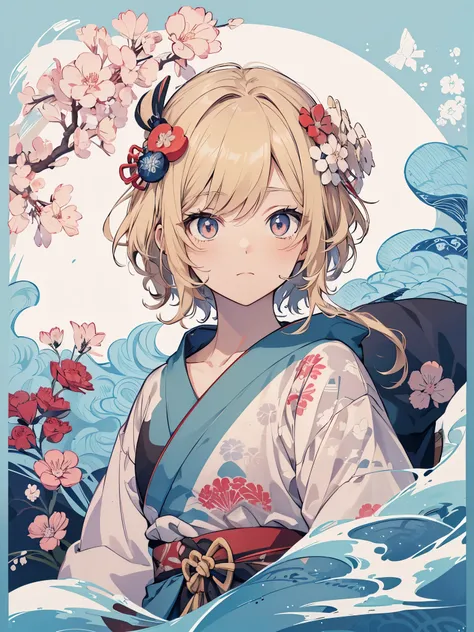 t-shirt design im japanischen stil, hokusai welle, hokusai stil, mit modernen anime elementen, blonde haare, blaue augen, pastel...