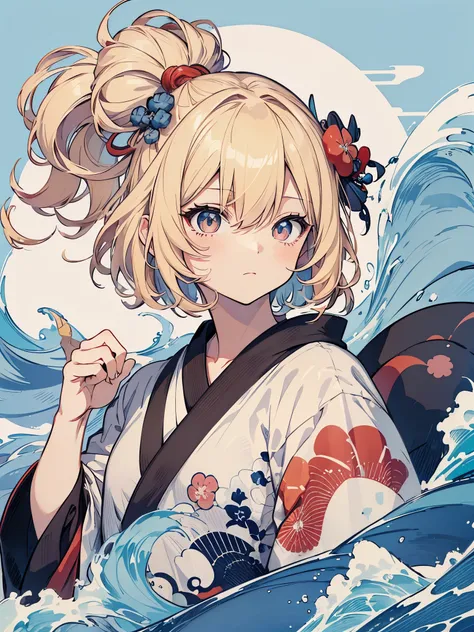 t-shirt design im japanischen stil, hokusai welle, hokusai stil, mit modernen anime elementen, blonde haare, blaue augen, pastel...