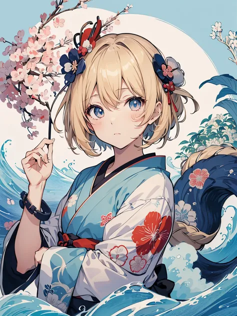 T-Shirt Design im japanischen Stil, Hokusai Welle, Hokusai Stil, mit modernen Anime Elementen, blonde Haare, blaue Augen, pastellfarben, 1girl, cute, kawaii, Sweet, pastell,