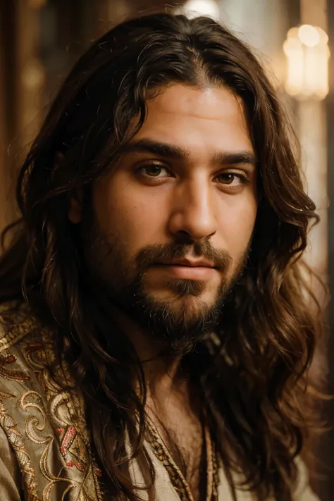 (best quality,highres:1.2),ultra-detailed,realistic:1.37,portrait,expressive eyes,thick beard and long curly hair,pensive expression,olive skin tone,facial features with Middle Eastern and Latin influences,traditional attire,faded background lighting