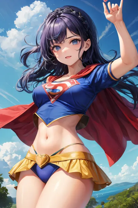 mulher loira godinha coxas grossa, super-girl deitada com uniforme de super homen ,vestida com mini saia branca, vista de frente , blusa azul , imagem ulta realista,16h