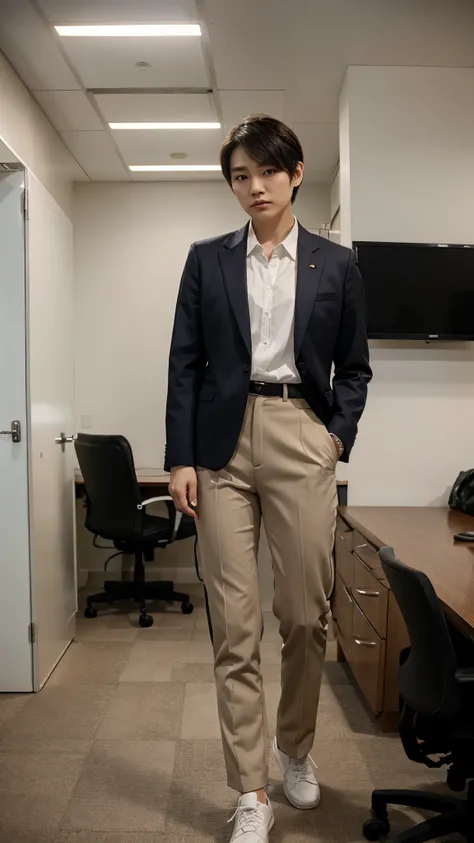 A Korean woman with short hair and feminine face features crossdressing as a man wearing mans suit, long sleeved shirt, pants, and shoes standing in an office with masculine pose and fierce expression, facing straight to the camera.