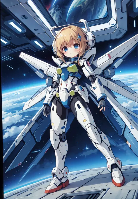 Spaceship flying over Earth with a woman on the platform, anime Mecha aesthetics, cyberpunk anime girl mecha, Mecha aesthetics, complete robot in space!! girl,BREAK helmet:3,pretty face,beautiful blue eyes,blonde,wind:1.5,noze blush,medium shot