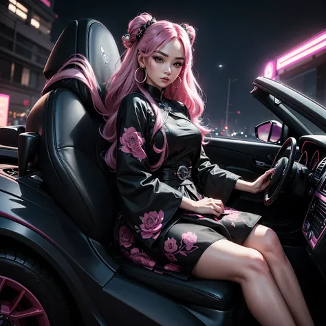 oriental woman sitting on cool car that all black  she have creamy long pink  hair wearing royal pink and black outfit with stars and moons pattern  , hoop earring