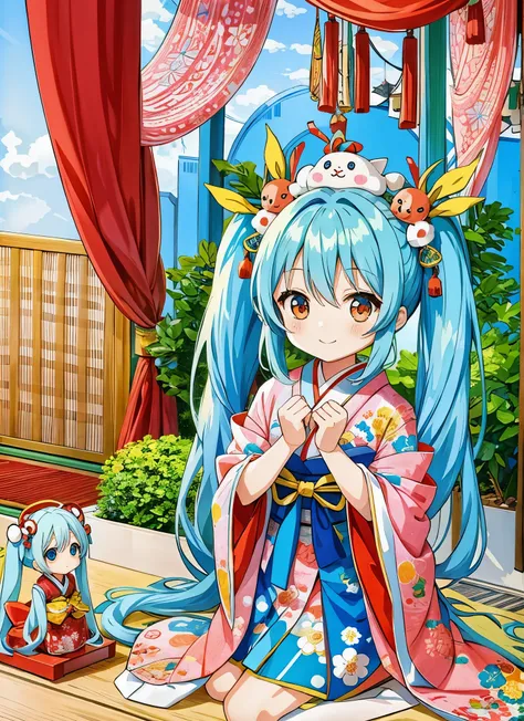 light blue long hair、Chibi character with twin tails　Doll&#39;s Festival　Hina doll tiered decoration　kimono　cute smile