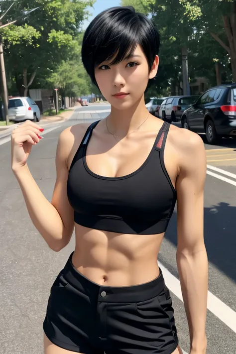 pretty american woman、black hair、short shaved hair、slim body with nice abs、Black Sports Bra、black shorts、standing on the street corner