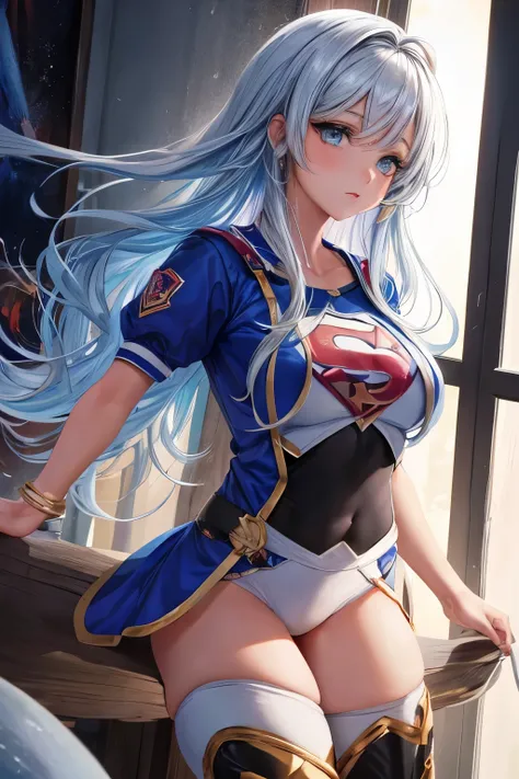 mulher loira cabelos longos ,godinha,bumbum grande, coxas grossa, super-girl deitada com uniforme de super homen ,vestida com mini saia juta, vista de frente , blusa azul , imagem ulta realista,16h