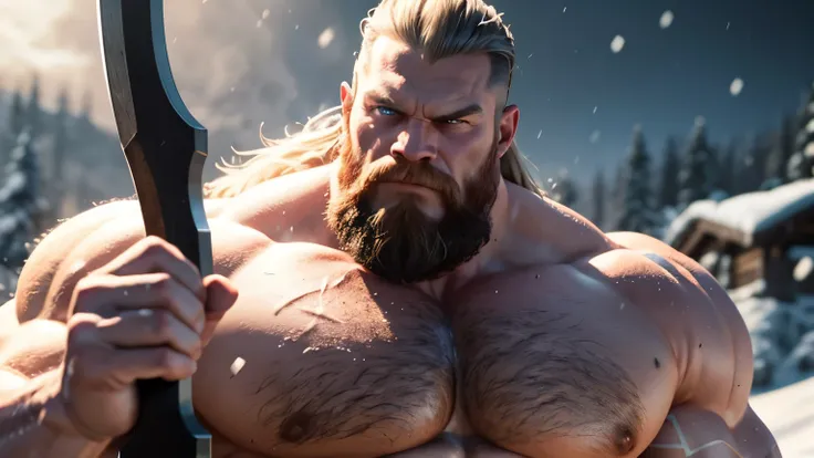 a viking  with gigantic muscles , in the background snow, ultra details, ultra realistic, cinematic , octane render, 16k