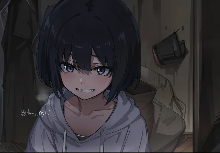 girl. dark short hair. clothes gray hood. Gloomy face. Creepy smile. crazy look.  bags under the eyes. gray eyes color. Against the backdrop of an empty room.