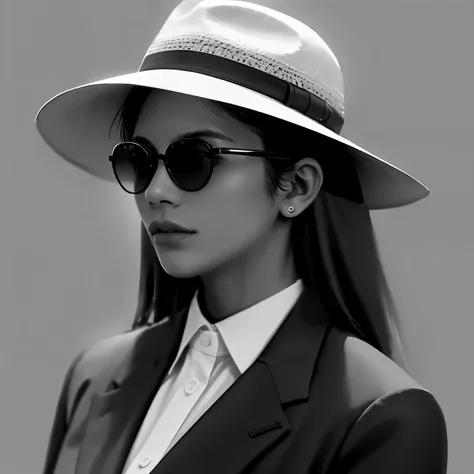 a woman wearing sunglasses and a hat, no estilo de preto e branco, vray tracing, Tamron sp 70-200mm f/2. 8 of you usd G2, fotografia de moda ousada, sombreamento luminoso, close-up, look crisp and clean