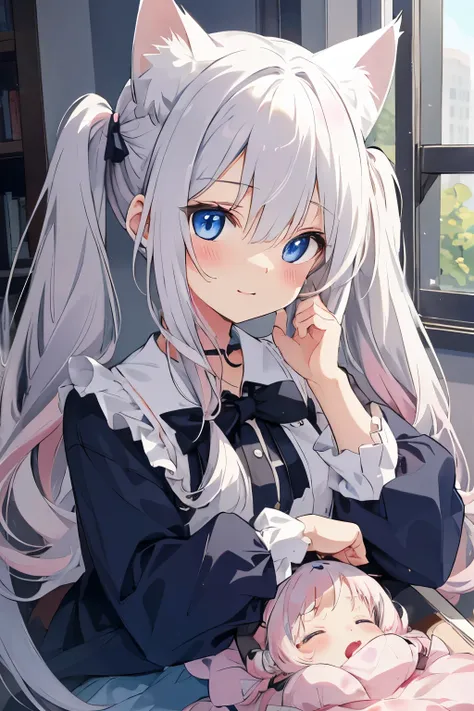 beautiful illustrations, highest quality, cute  girl, Little,gray hair, cat ears, Pigtails, albino, baby face, pink long mesh hair, beautiful detailed blue eyes, looking at the viewer, Happy