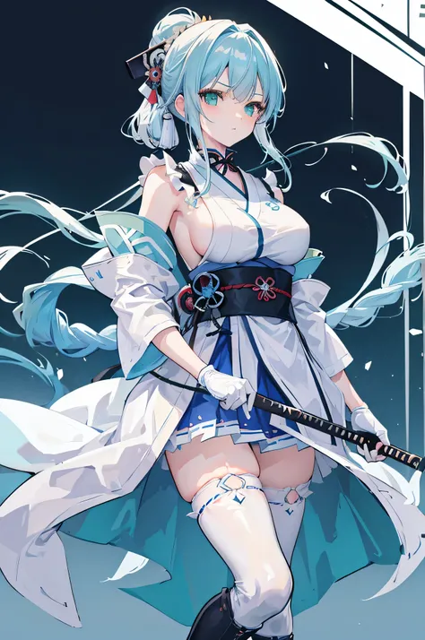 4k,High resolution,one woman,light blue hair,long ponytail,Braid,green eyes,big breasts,warrior,白色のwarriorの鎧,Maid clothes,No sleeve,white long gloves,white boots,black stockings,Japanese sword,medieval castle