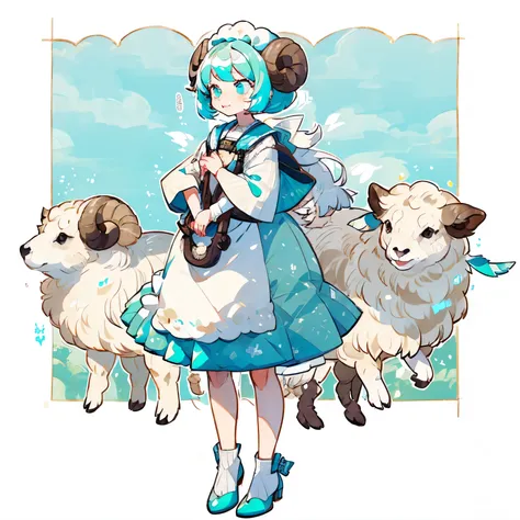 naturally cyan colored sheep, cyan sheep themed girl is standing next to the cyan sheep, petting sheep, young girl, female sheep...