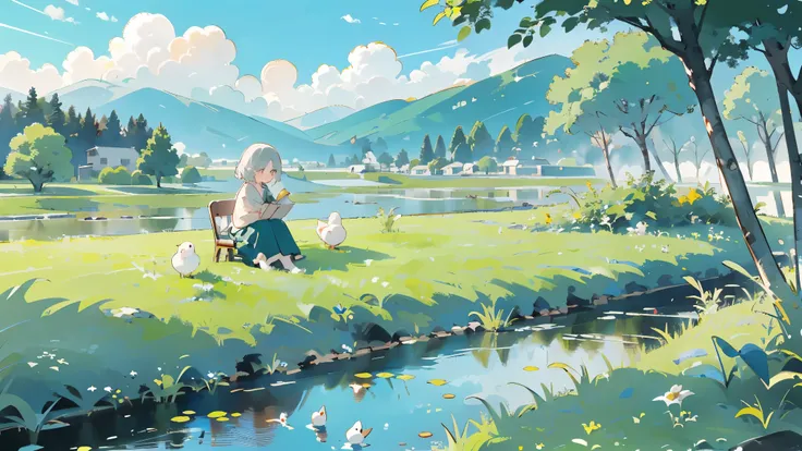 ((a girl sitting by the pond))，(play in the fields, paddy，cute ducks, cute girls), ghibli background style, yuru chara style，cut...