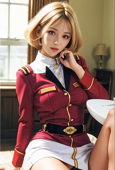 real photos、Highest image quality、real image、federal army uniform miniskirt、Frau Bow、cute girl、white pantiesが丸見え、1６age、（white panties:1.3）、super mini skirt、beautiful thighs、white panties、赤いミニスカートがめくれてwhite pantiesが見えてる