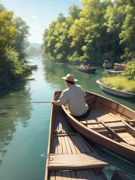 Man fishing on a boat in the river