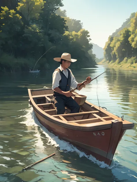 Man fishing on a boat in the river