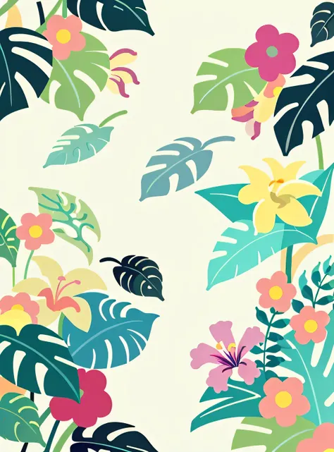 florais，print，Bege suave，rosa pastel，plantas tropicais,flat illustration，GUI，maximalismo，esquema de cores brilhantes