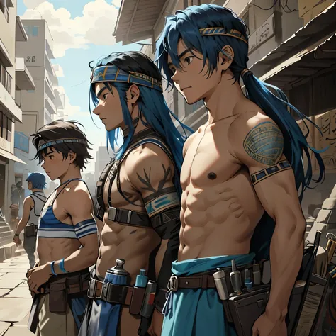 un grupo de 3 amigos cabello color azul, are 13 and 14 years old, They are side by side ready to fend off the enemy army as they invade the city 14 years of blue hair...., The 14-year-old boy with straight hair with his back uncovered and his chest bare bu...