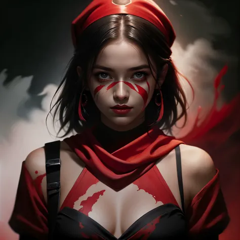 a painting of a woman-ninja with red paint on her face, art, inspired by magali villeneuve, ninja outfit, covered in dust, red b...