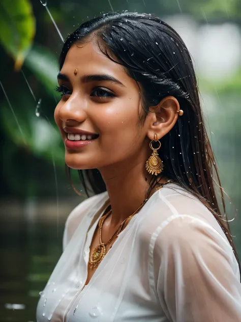 20 years old extremely beautiful brown Tamil girl (white shirt blue jeans), (bangles earrings necklace wrist watch), enjoying in the rain, drenched in rain, facing viewers facing camera, eyes symmetry, (best quality, ultra-detailed:1.6), colorful scene, br...