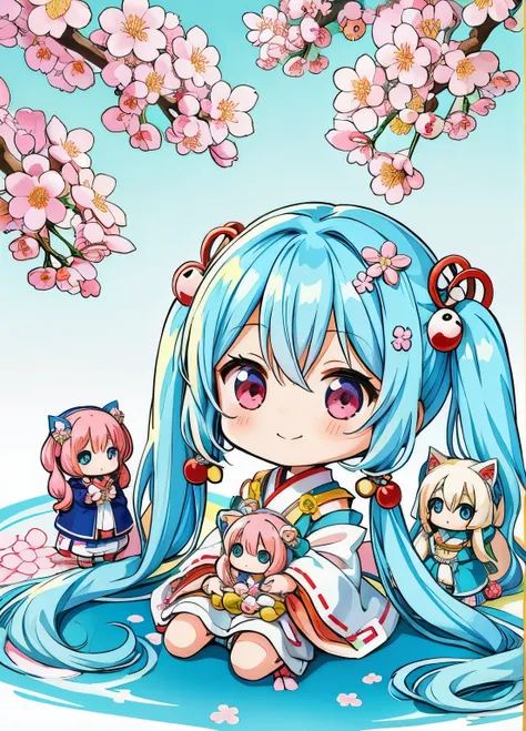 light blue long hair、cute chibi character with twin tails、doll&#39;s festival　hina doll tiered decoration　white cherry blossom p...