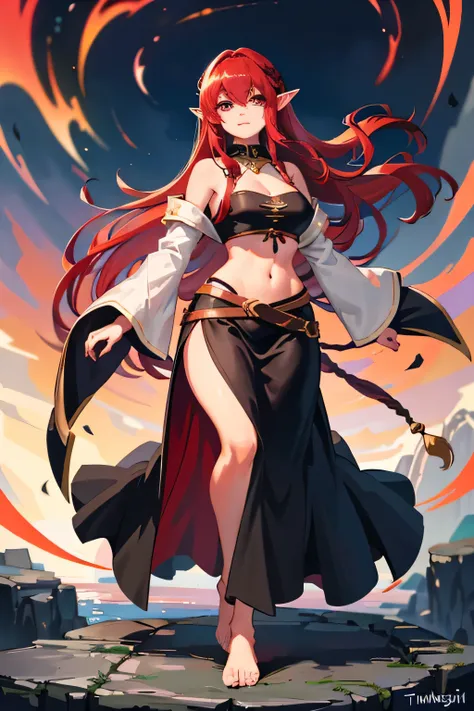 a close up of a person in a long skirt, tinyest midriff ever, wearing mage robes, female druid, belly exposed, full body, charming, sexy pose, looking at viewer, female elf, red hair, long hair, showing cleavage