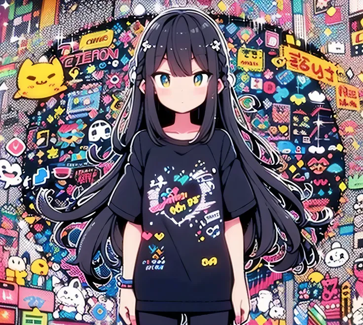 alta qualidade、Paleta de cores preto e branco、Qualidade de imagem de primeira linha、kawaii、Estilo anime、Geometric Pattern Background、estilo de adesivo、cabelo curto、cabelos escuros、olhos castanhos, Titles, roupas largas, Camiseta Baggy, professor, Escuro, d...