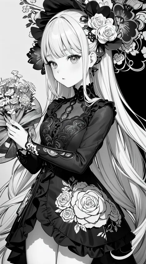 A doll wearing a dress surrounded by flowers and flowers, girl in flowers, extremely fine ink line art, detailed manga style, line art coloring page, black and white coloring, manga style, coloring page, girl made of flowers, complex caricature drawing, ex...