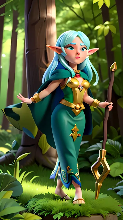 elfa Una hermosa elfa con cabello largo y plateado., penetrantes ojos esmeralda, y delicadas orejas puntiagudas. Tiene una figura esbelta y elegante., dressed in an ethereal, flowing dress made of fabric shimmering in the moonlight. The dress is adorned wi...
