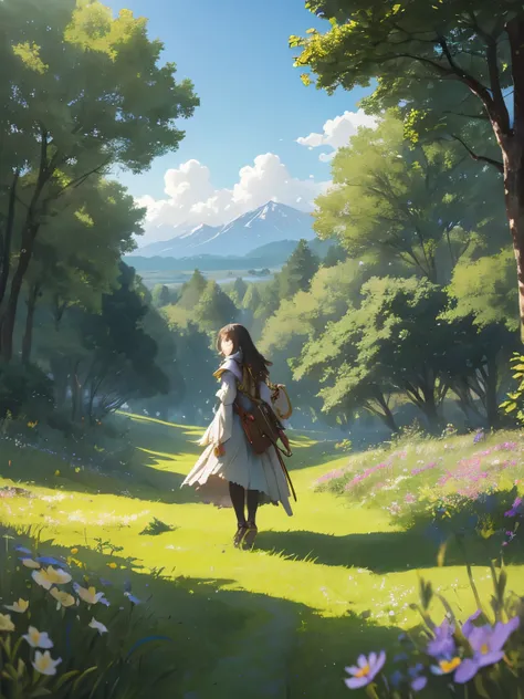 In a green meadow stands a girl leading a group of knights.
BREAK
With a brave expression, she guides them towards their destination.
BREAK
Behind her, a green forest stretches out and beyond that, mountains rise in the distance.
BREAK
The most suitable ef...