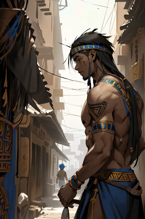 cabello color azul,The 15-year-old boy with straight hair with a bare back and bare chest but dressed in typical clothes from ancient Egypt with dark skin walking lost through the different streets of a city at noon.. doferentes angulos mira la ciudad desd...