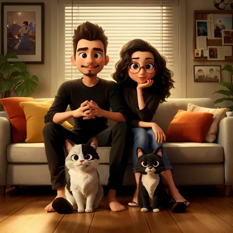 on a disney pixar style movie poster., a young couple share cozy moments in their small apartment. el delgado, blanco man, weari...