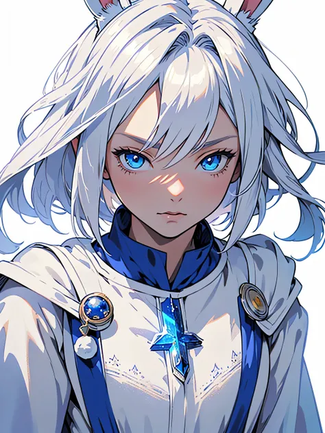 medieval anime art, masterpiece, best quality, female, solo, detailed composition, detailed eyes, portrait, detailed hair, (((white background))), (((no background))), light blue eyes, cream hair, (((wearing white royal mage mage))), small, innocent, bunny...